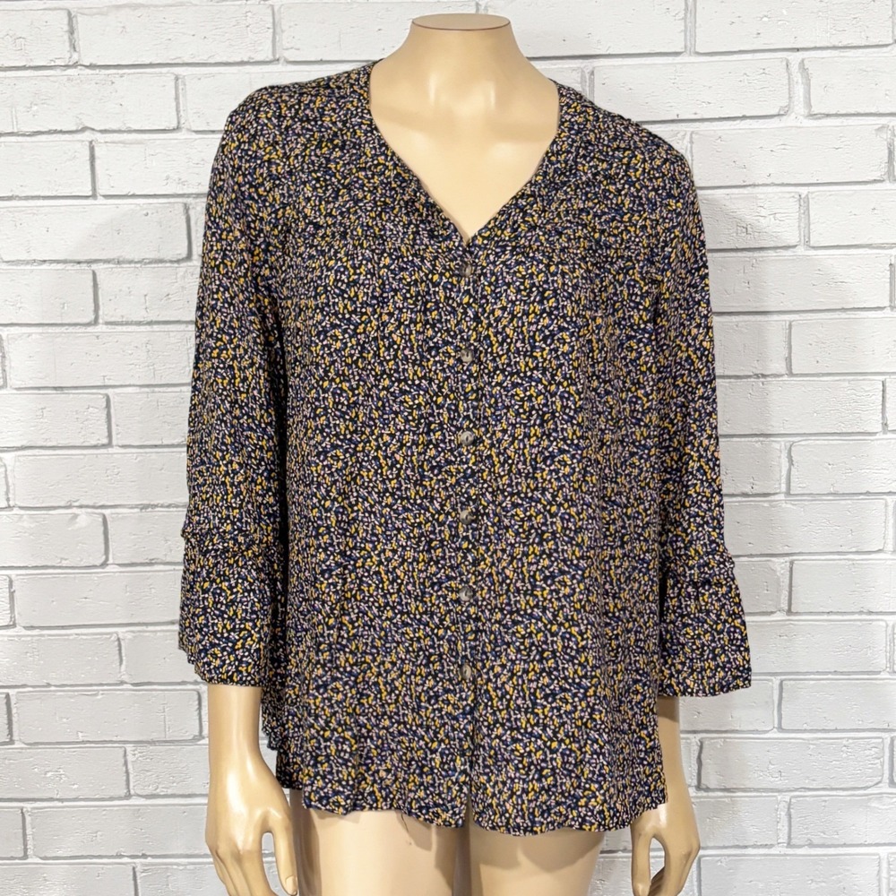Maeve Anthropologie Navy Floral Button Front Ruffle Blouse Boho Excellent XL